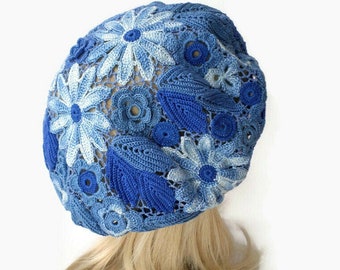 Ladies summer beret, Irish crochet denim hat