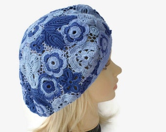 Ladies summer beret, Irish crochet denim hat