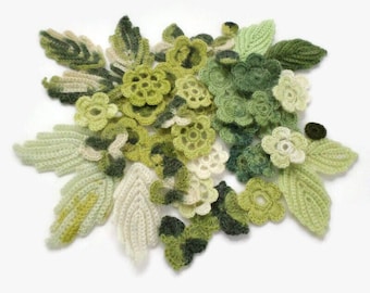Woolen crochet flowers leaves shamrocks Mohair applique Set of 46 Clothes Hats Mittens Interior decor
