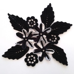 Crochet flower motifs set of 11 black lace decor, floral applique