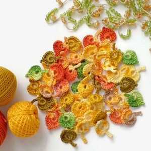 Tiny crochet leaves Fall coloured micro flower leaves applique Boho decor Set of 50 Irish crochet Irish lace Doll clothes crochet decor