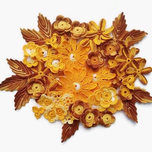 Crochet flowers and leaves set of 59 Floral applique Hats bags clothes Boho hippie decor