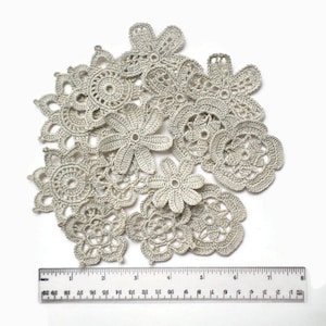 Crochet flowers Set of 14 fine grey motifs Floral applique Irish crochet lace fine thread boho hippie decor