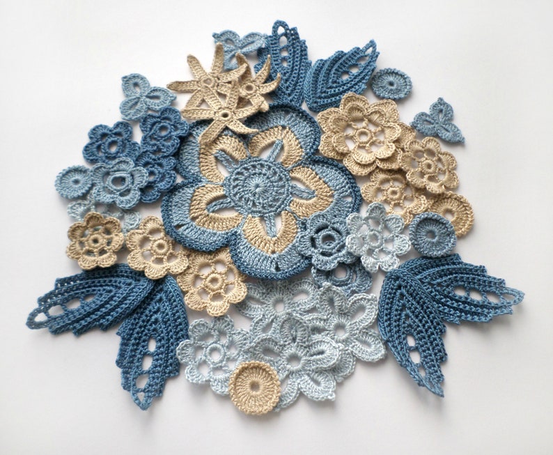 Crochet flowers and leaves beige blue denim Irish crochet lace applique Set of 36 Scrapbook Clothes hats cards Boho Hippie decor