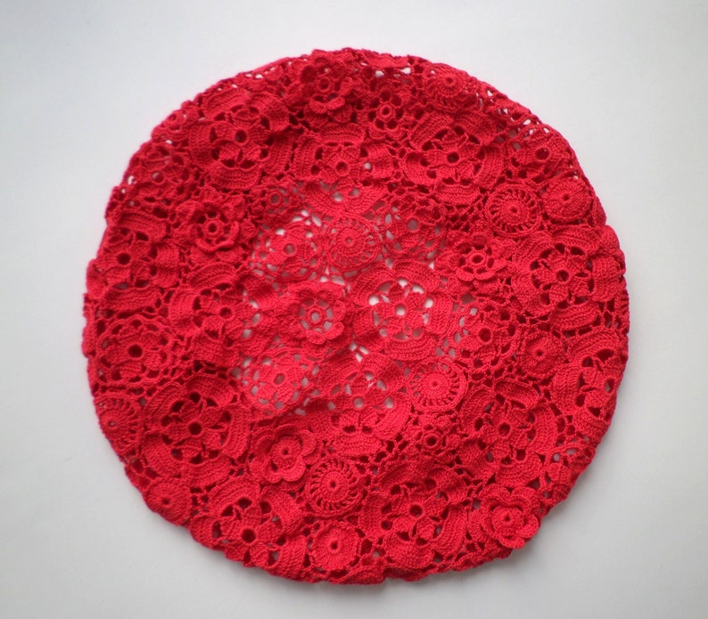 Irish crochet red hat Ladies summer beret