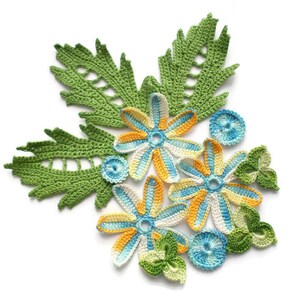 Crochet flowers and leaves green yellow turquoise Irish crochet lace applique Set of 12 Scrapbook Clothes hats cards Boho Hippie decor