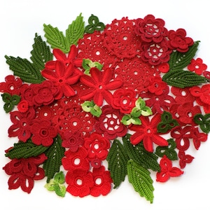 Crochet flowers and leaves Irish crochet decor Floral applique Set of 65