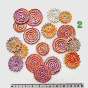 Round crochet motifs, orange beige purple freeform applique Irish crochet card making decor Scrapbook motifs