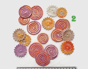 Round crochet motifs, orange beige purple freeform applique Irish crochet card making decor Scrapbook motifs