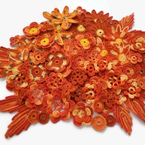Crochet flowers leaves set of 77 Irish crochet decor Flower leaf applique Hats bags clothes decor Boho hippie decor