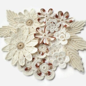Crochet flowers Beige cream floral applique Set of 17 Irish crochet decor Scrapbook, cards, junk journal decor