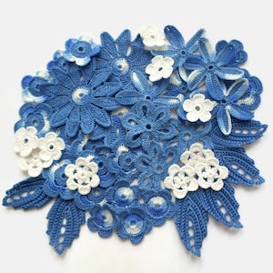 Irish crochet flowers leaves floral applique Set of 43 Boho hippie denim decor