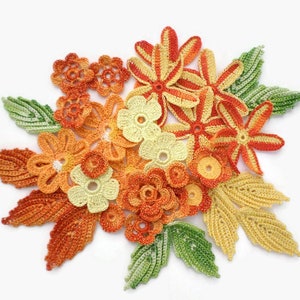 Crochet flowers leaves set of 33 Irish crochet decor