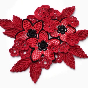 Irish crochet flowers and leaves, red black floral applique Set of 26 Boho Hippie Clothes decor