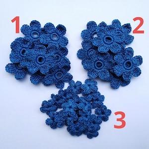 3 sets of blue crochet flower motifs Cotton applique Irish crochet card making decor Scrapbook motifs