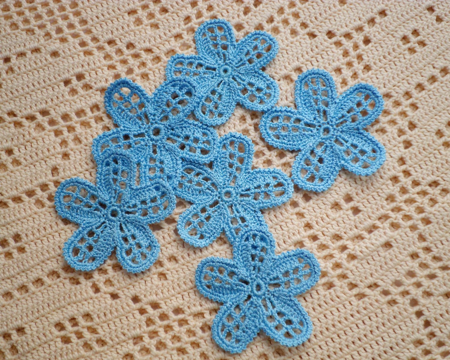 Crochet Flower Motifs Yellow Blue Flower Applique Irish Etsy