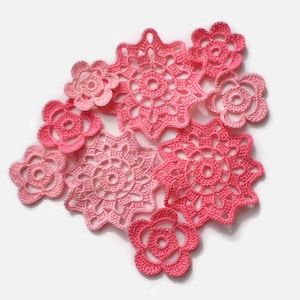Crochet flowers Pink Irish crochet decor Clothes, cards, scrapbooking decor set of 9