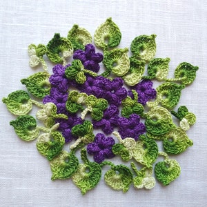 Set of 40 tiny crochet flowers, leaves and shamrocks