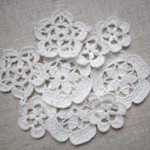 Linen crochet flowers, Irish crochet White floral applique lace decor Set of 9