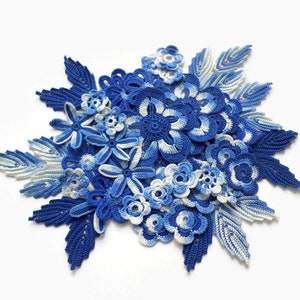Irish crochet floral decor set of 51 Blue white flowers leaves applique