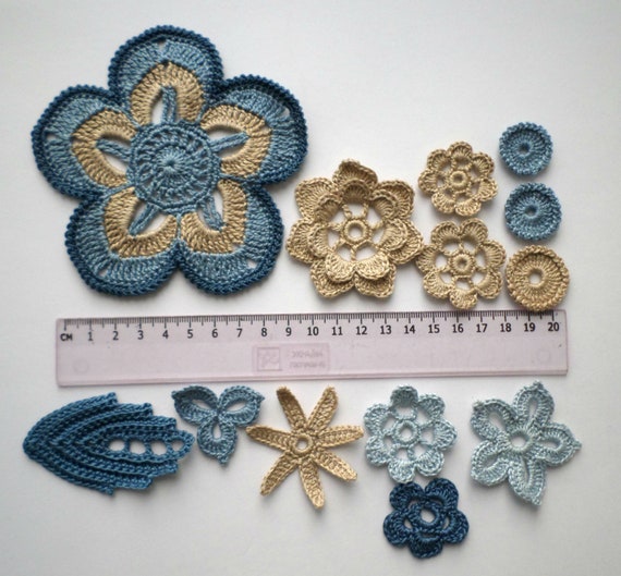 Crochet flowers and leaves beige blue denim Irish crochet lace applique Set of 36 Scrapbook Clothes hats cards Boho Hippie decor