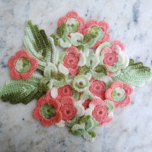 Woolen crochet flowers leaves shamrocks Mohair applique Set of 21 Clothes Hats Mittens Interior decor