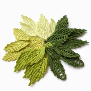 Crochet green leaves set of 5, Irish crochet lace boho hippie crochet decor, hobby set
