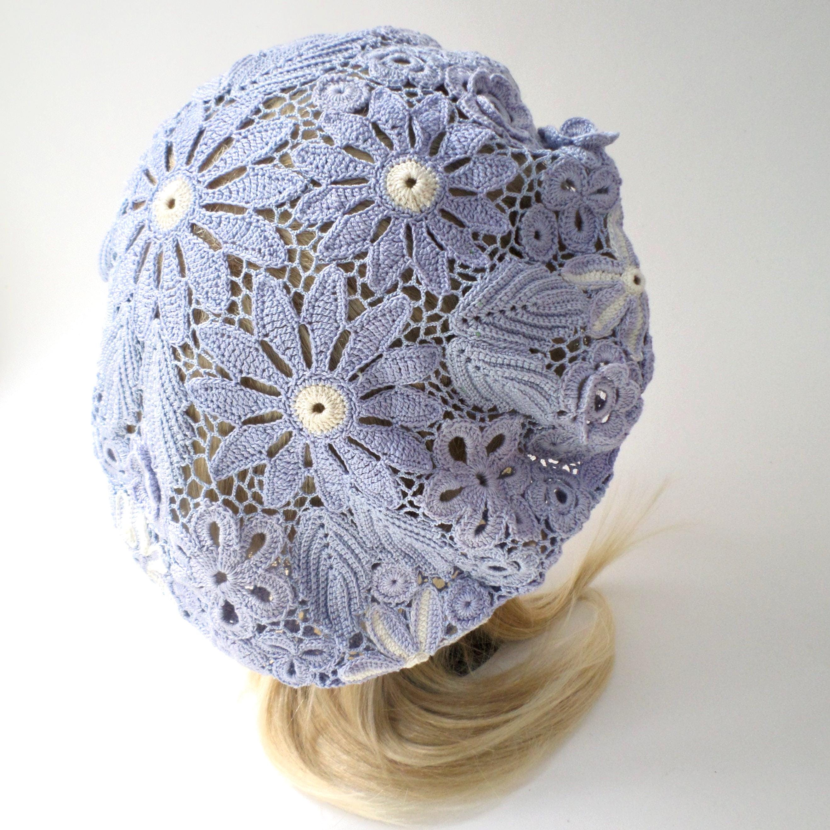 Ladies summer beret Irish crochet denim hat
