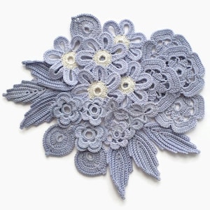 Irish crochet applique blue denim Set of 25 Boho Hippie decor, crochet flowers and leaves.