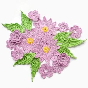 Irish Crochet flower leaf motifs Set of 19 Cotton green purple floral applique Scrapbook elements Clothes hats cards decor