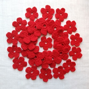 Red crochet flowers Woolen Floral applique, hats, mittens, clothes decor 5 cm, 3.5 cm