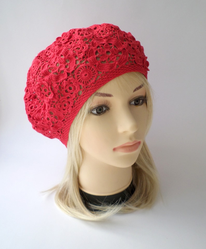 Irish crochet red hat Ladies summer beret