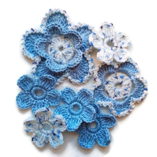 Wool acrylic crochet flower applique Set of 7 Clothes Hats Mittens Interior decor