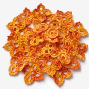 Crochet flowers Orange Irish crochet decor clothes, cards, scrapbooking decor set of 25