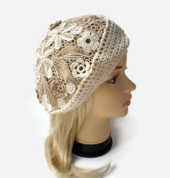Elegant Brown Crochet Beret with Cream Lace Crochet beret pattern with lace motive | Mycrochetpattern main image 3