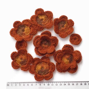 Crochet flowers woolen applique Set of 5 or 10 Clothes Hats Mittens Interior decor