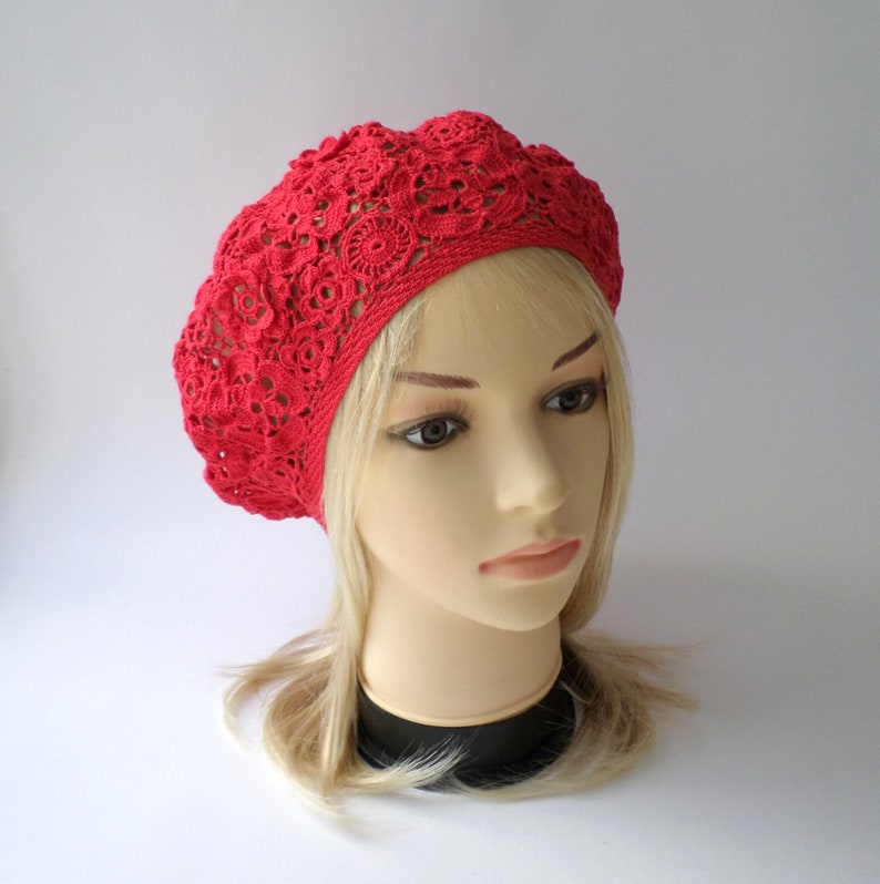 Irish crochet red hat Ladies summer beret