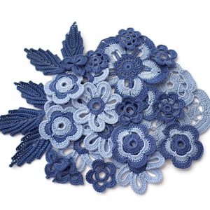 Irish crochet floral applique Denim set of 29 crochet motifs Scrapbook Clothes hats cards Boho Hippie decor