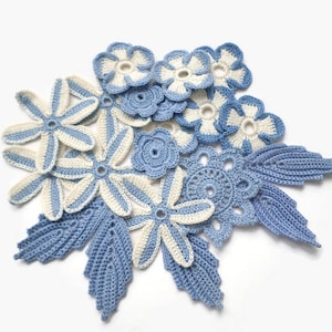 Irish Crochet flowers and leaves Set of 21 blue denim cream lace applique Hats clothes interior decor