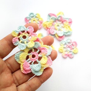 Pastel crochet flowers Blue yellow pink floral applique, Irish crochet hat hair clothes decor Scrapbook Card making motifs