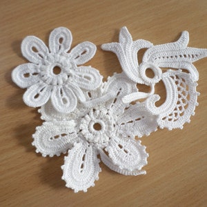 Irish crochet flowers, floral applique Wedding decor Set of 3