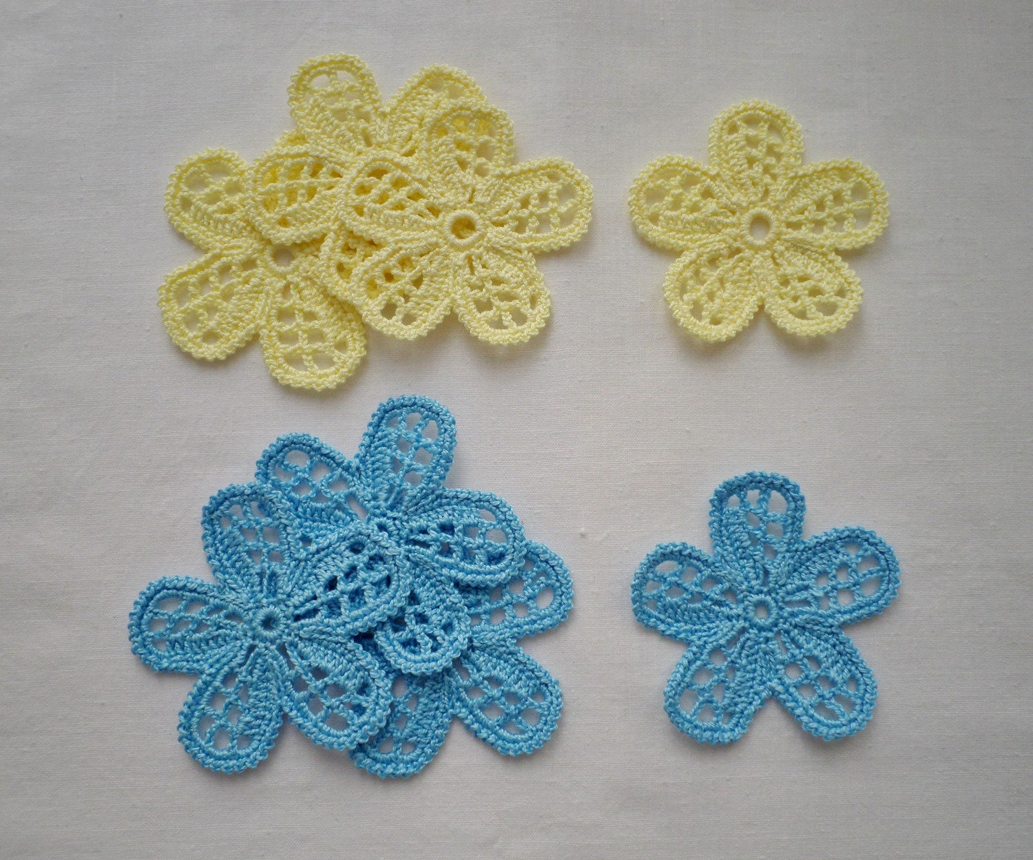 Crochet Flower Motifs Yellow Blue Flower Applique Irish Etsy