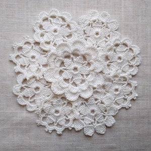 Irish crochet flowers White floral applique floral lace decor Set of 9 fine thread hobby set