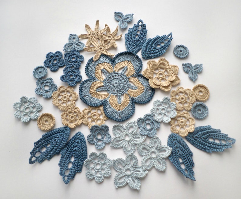 Crochet flowers and leaves beige blue denim Irish crochet lace applique Set of 36 Scrapbook Clothes hats cards Boho Hippie decor