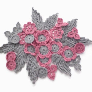 Crochet flowers leaves shamrocks applique Set of 30 Clothes Hats Mittens Interior decor