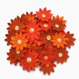 Crochet daisy flowers set of 3 Orange Terracotta applique Irish crochet Hats cards interior decor, scrapbook elements, clothes embellishment