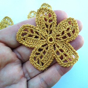 Irish crochet motifs, set of 5 dark yellow with golden lurex flowers Crochet applique Boho decor Hippie embellishment Cards decor