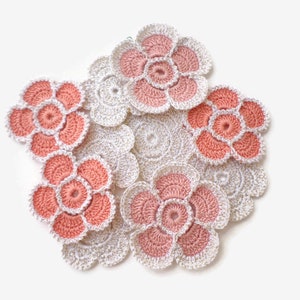 Crochet decor Irish crochet flowers with lurex, lace applique Set of 10 hats, cards, junk journal decor