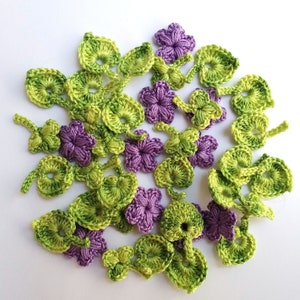 Tiny crochet flowers, leaves and shamrocks Set of 40 mini floral decor, little applique