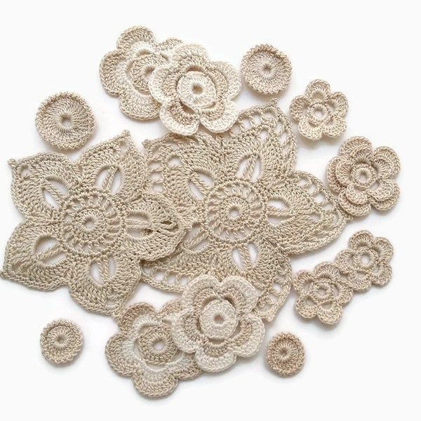Crochet flowers Beige cream flower applique, Irish crochet decor, Scrapbook motifs, Clothes hat decor, interior decor